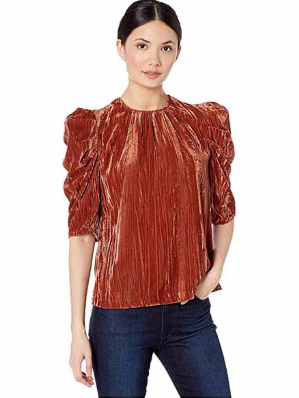 WAYF "Greyson" Cinnamon Velvet Puff Sleeve Top – New With Tags